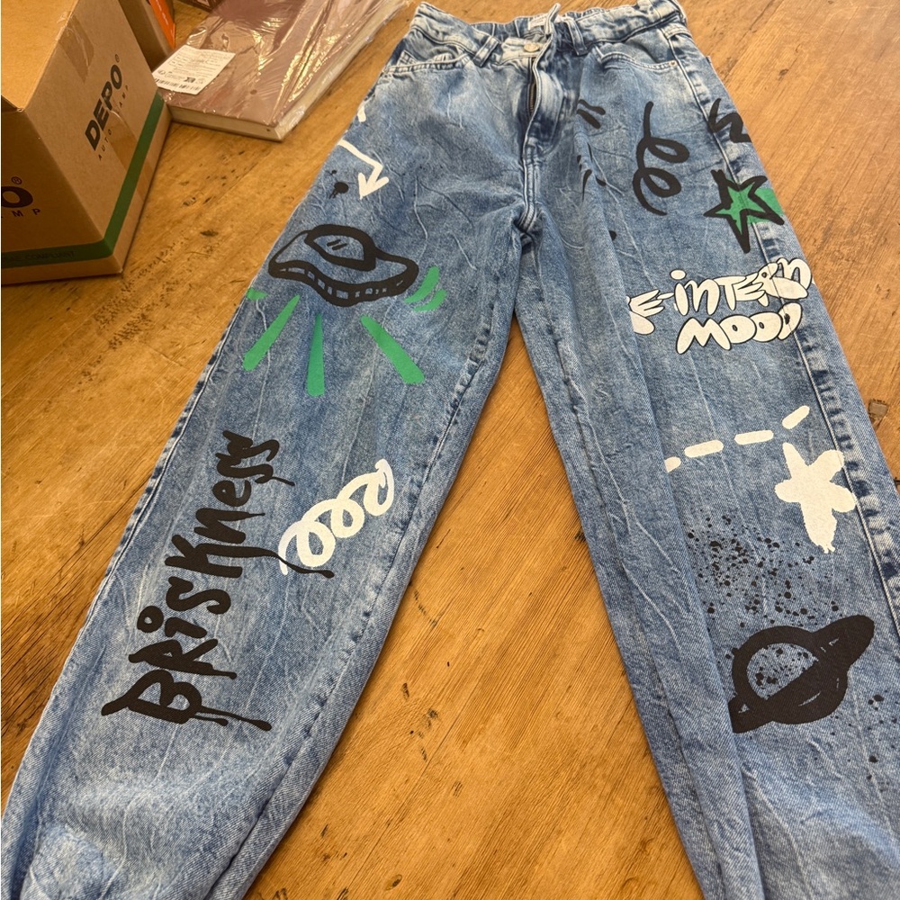 Bershka Blue High Rise Graphic Jeans